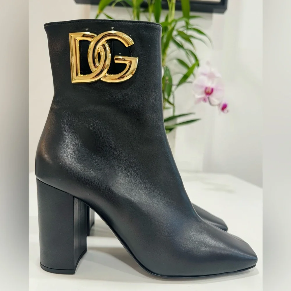 Dolce and Gabbana Gold Logo Black Nappa leather ankle boots